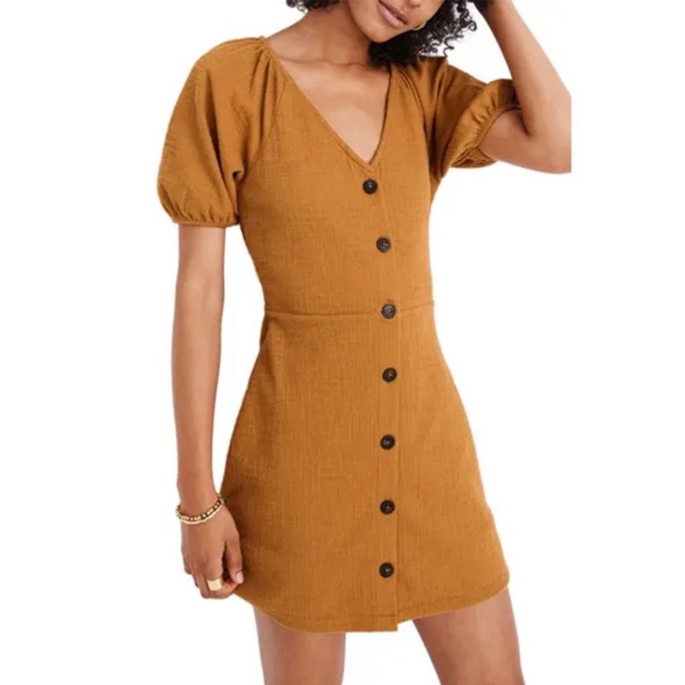 Madewell Texture & Thread Medium Puff-Sleeve Mustard Yellow Egyptian Gold Dress